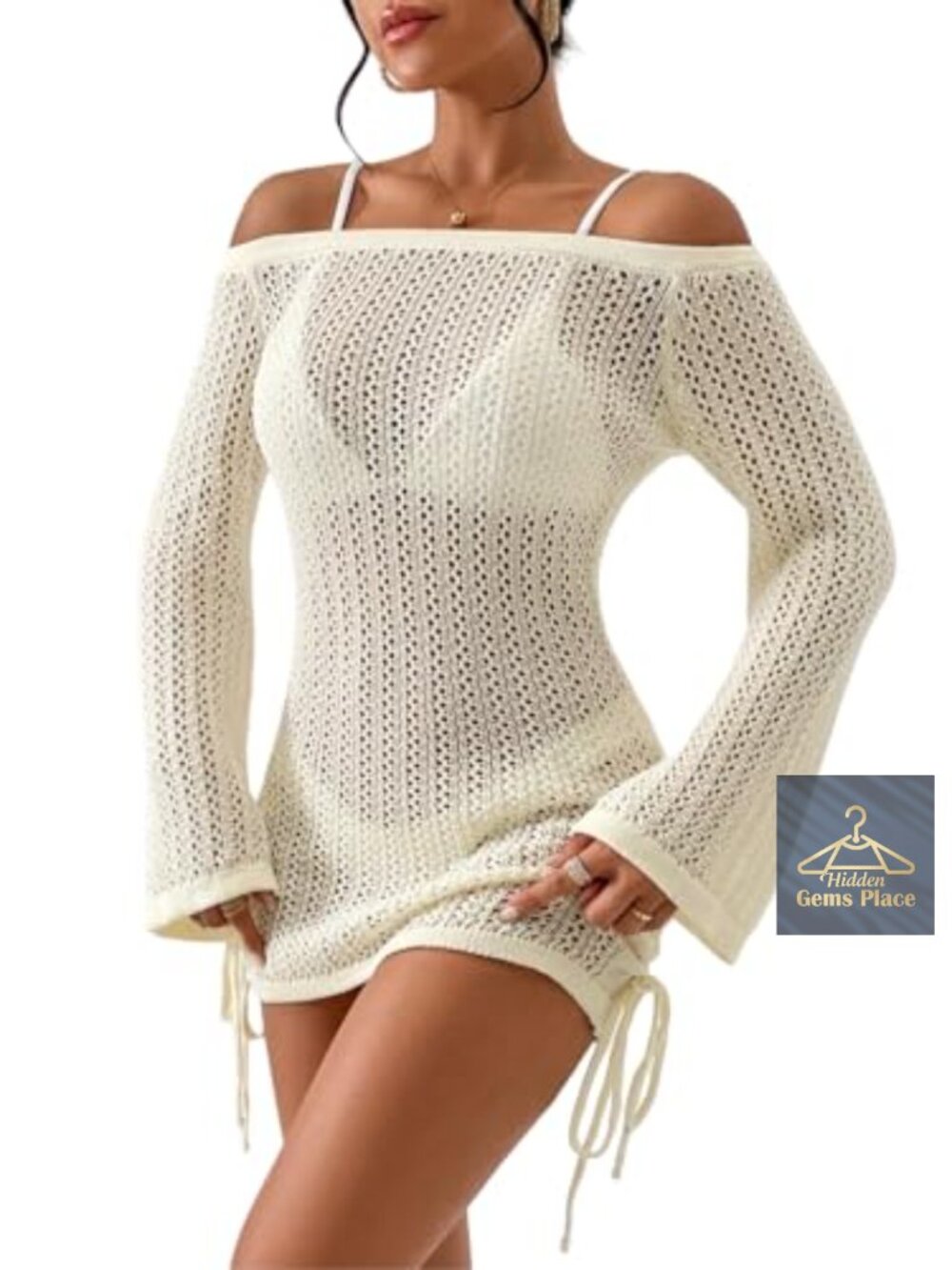 SISKIN Women's Crochet Knit Beach Cover Up Mesh Hollow Out Dress Drawstring
